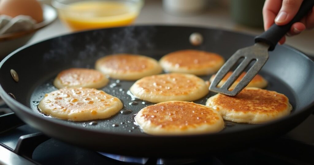 A close-up of a non-stick skillet on a stovetop, with small circles of pancake batter cooking to a golden brown, bubbles forming on the surface, and a spatula ready to flip them.