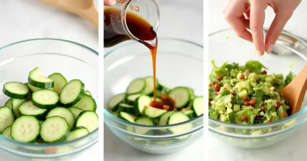 Step-by-step process of making Din Tai Fung cucumber recipe with cucumbers, soy sauce, sesame oil, and chili flakes