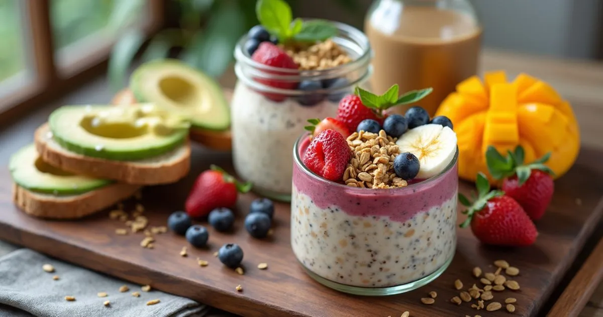 A vibrant plant-based whole food breakfast Ideas spread featuring a colorful smoothie bowl topped with fresh berries, chia seeds, and granola, a jar of overnight oats layered with almond butter and mango, and a slice of avocado toast sprinkled with pumpkin seeds, all arranged on a rustic wooden table