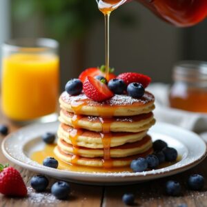 A stack of golden-brown mini pancakes topped with fresh blueberries, a drizzle of maple syrup, and a dusting of powdered sugar, served on a white plate with a glass of orange juice and a small jar of honey in the background