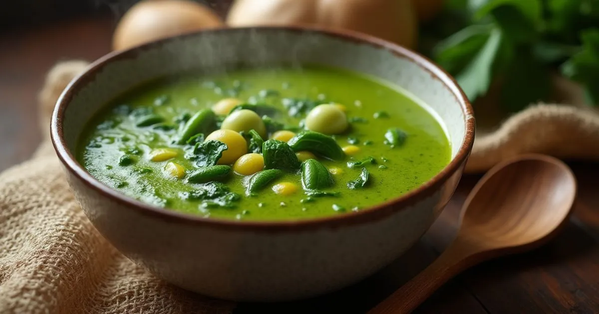 A bowl of vibrant green swamp soup Recipe filled with fresh vegetables like spinach, zucchini, and carrots, with steam rising from the surface