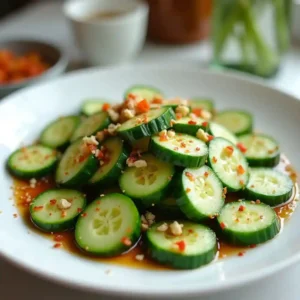 Din Tai Fung cucumber recipe with fresh cucumbers, dressing, and chili flakes