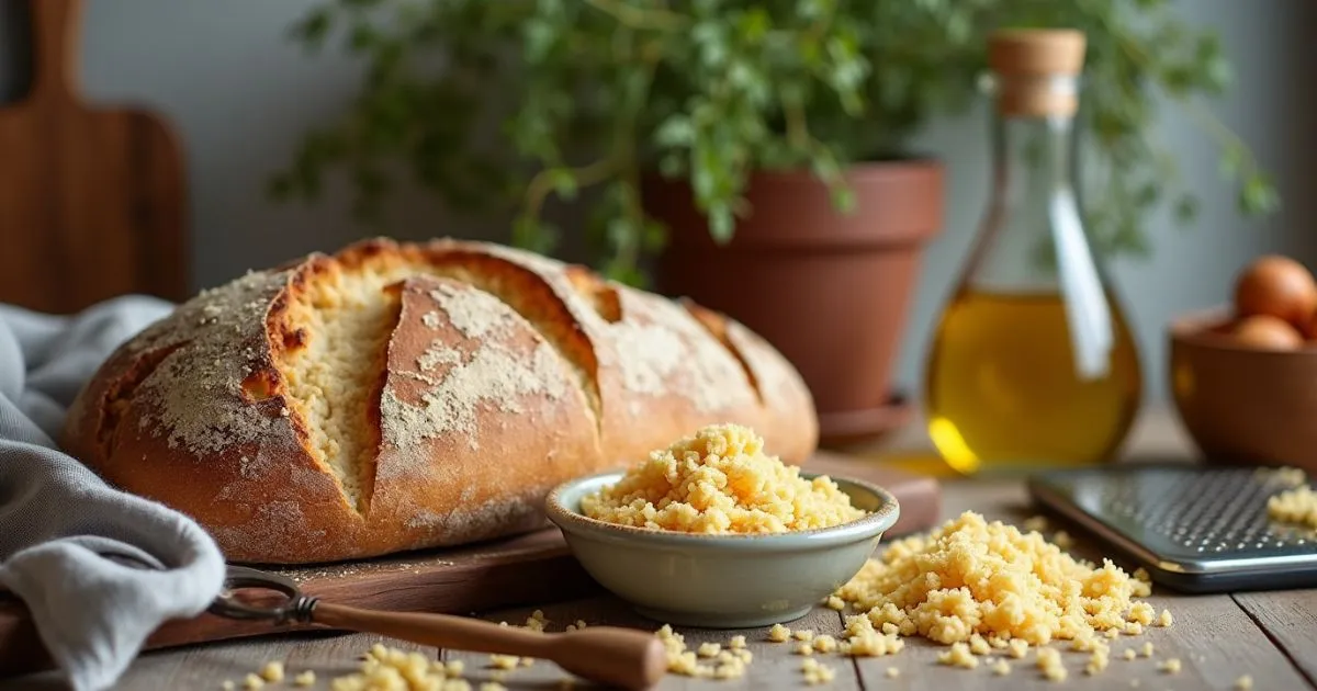 Freshly made Bread and Crumbs on a wooden cutting board with artisan bread slices and kitchen tools