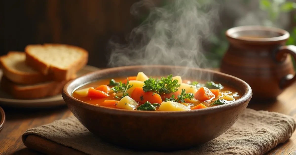 Steaming bowl of Soup Village with fresh vegetables, herbs, and a rustic bread slice on the side