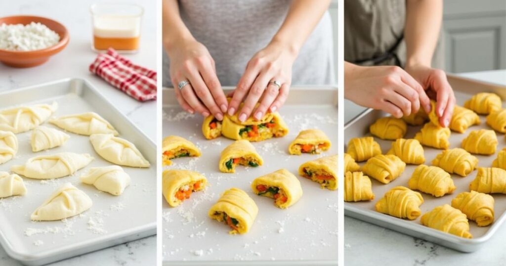 Step-by-step process of making crescent roll breakfast recipes, from rolling dough to adding fillings