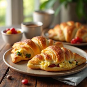 Crescent roll breakfast recipes filled with savory ingredients like cheese, eggs, and bacon, ready to serve for a family meal