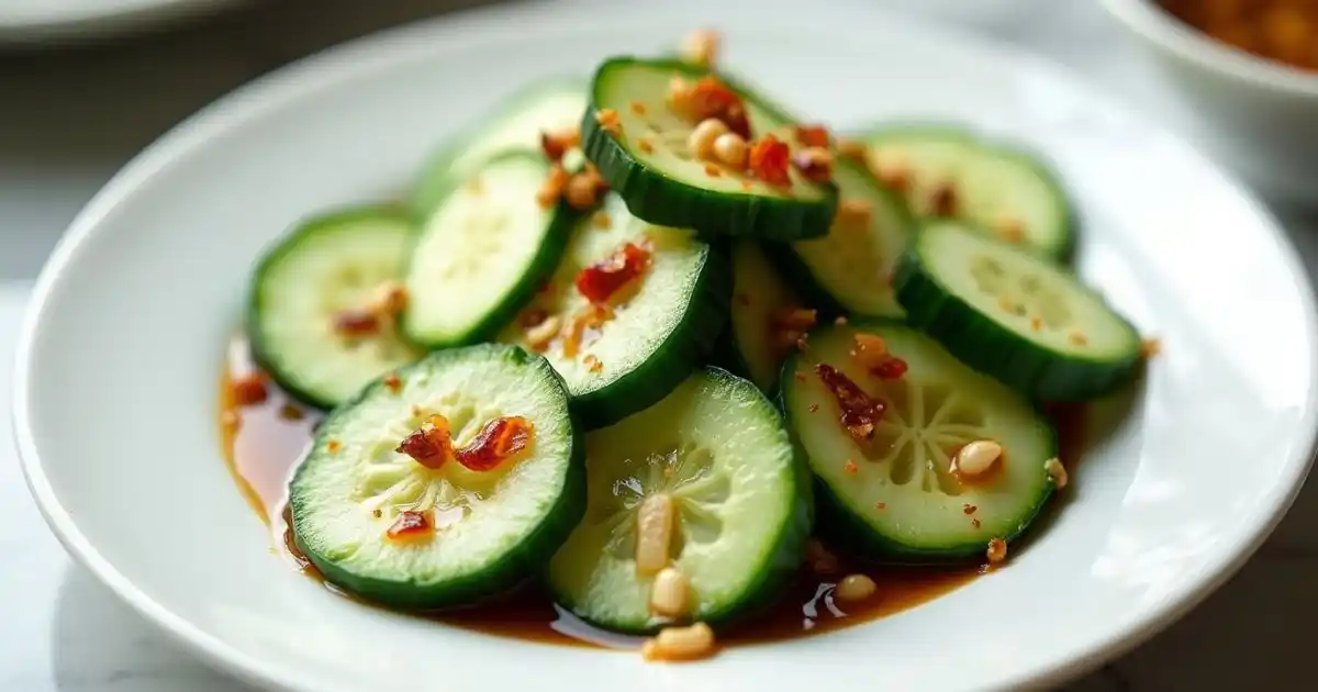 Fresh ingredients for Din Tai Fung cucumber recipe including cucumbers, soy sauce, and sesame oil