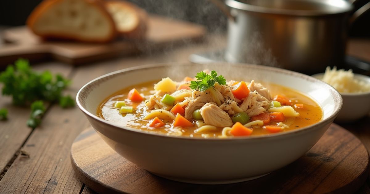 A steaming bowl of leftover rotisserie chicken soup with shredded chicken, carrots, celery, and egg noodles in a golden broth, garnished with fresh parsley and black pepper, served in a rustic white bowl on a wooden table.