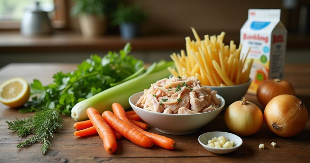 A collection of fresh ingredients for rotisserie chicken soup, including shredded rotisserie chicken, carrots, celery, onion, garlic, thyme, parsley, chicken broth, and optional egg noodles, arranged neatly on a rustic wooden table