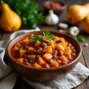 A delicious bowl of squash and kidney beans stew garnished with fresh herbs and chili flakes, ready to serve