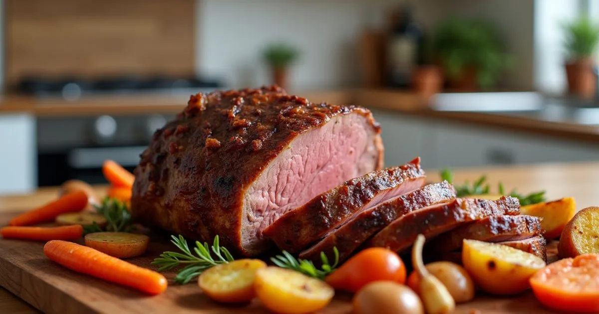 A golden-brown frozen chuck roast cooked to perfection in an air fryer, surrounded by roasted vegetables on a wooden cutting board