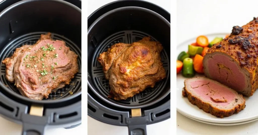 Step-by-step process of making frozen chuck roast in an air fryer, from seasoning to cooking and slicing, displayed in a modern kitchen setting