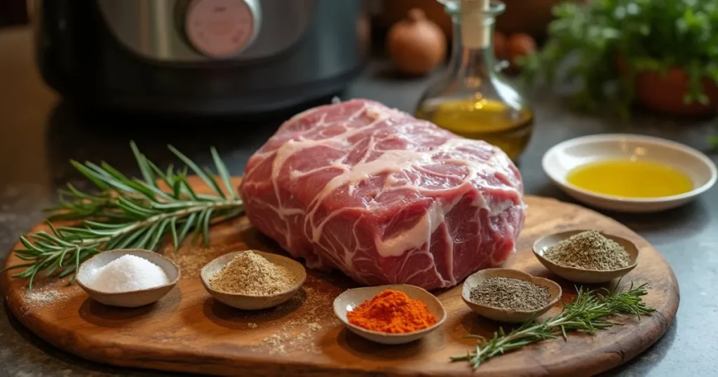 Ingredients for frozen chuck roast in an air fryer, including a frozen roast, spices, fresh herbs, olive oil, and an air fryer on a wooden countertop