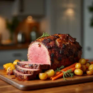 Frozen chuck roast cooked to golden-brown perfection in an air fryer, served on a platter with roasted vegetables and garnished with fresh herbs