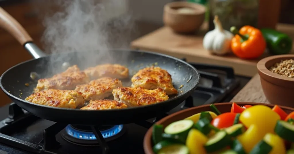 Step-by-step process of making low-carb vegan chicken, with plant-based chicken sizzling in a pan with vegetables