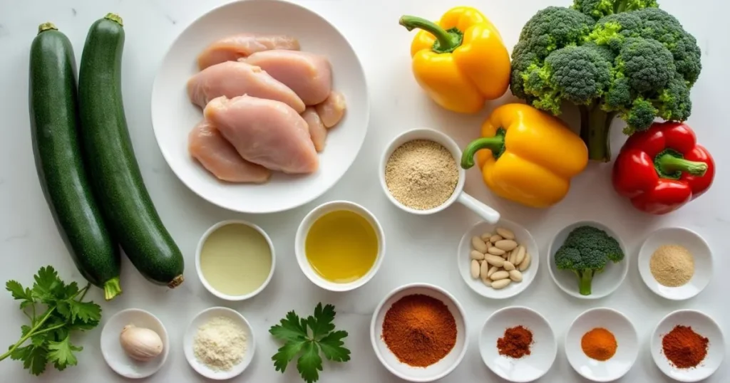 Ingredients for a low-carb vegan chicken recipe, including plant-based chicken, zucchini, bell peppers, and spices