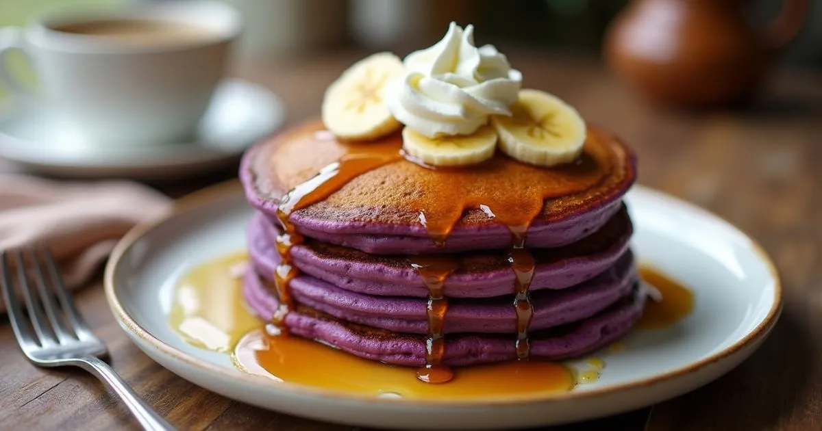 Stack of fluffy ube pancakes with whipped cream, banana slices, and maple syrup