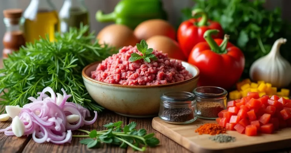 Fresh ingredients for ground venison recipes including venison, herbs, vegetables, and spices