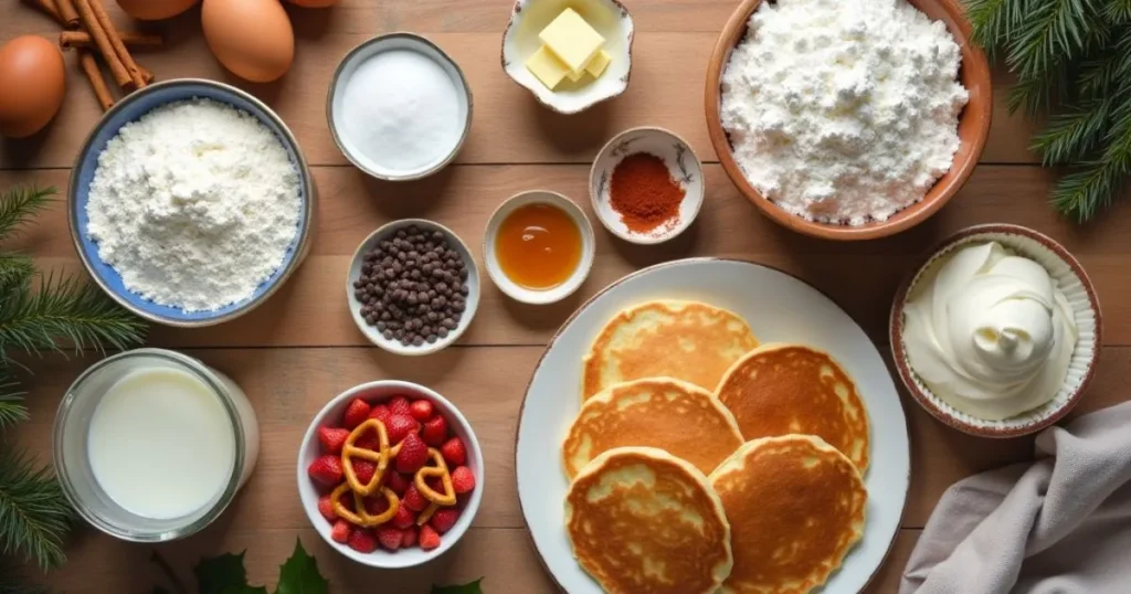 Ingredients for reindeer pancakes including flour, eggs, milk, sugar, butter, chocolate chips, strawberries, and pretzel sticks