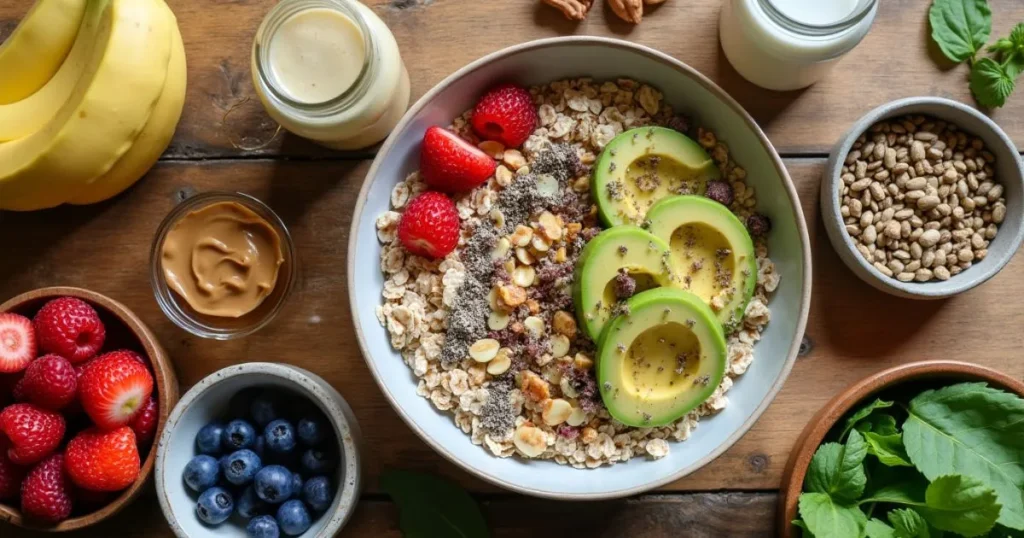 A flat-lay of fresh, vibrant ingredients for a plant-based whole food breakfast, including rolled oats, chia seeds, almond butter, plant-based milk, bananas, mixed berries, avocado, spinach, nuts, seeds, and maple syrup, arranged neatly on a rustic wooden table