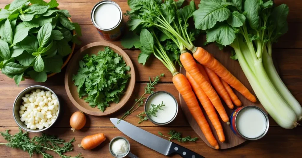 Fresh ingredients for swamp soup, including spinach, zucchini, carrots, celery, onions, garlic, coconut milk, and vegetable broth, arranged on a wooden countertop