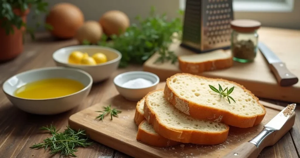 Ingredients for making bread and crumbs, including artisan bread, olive oil, salt, and dried herbs