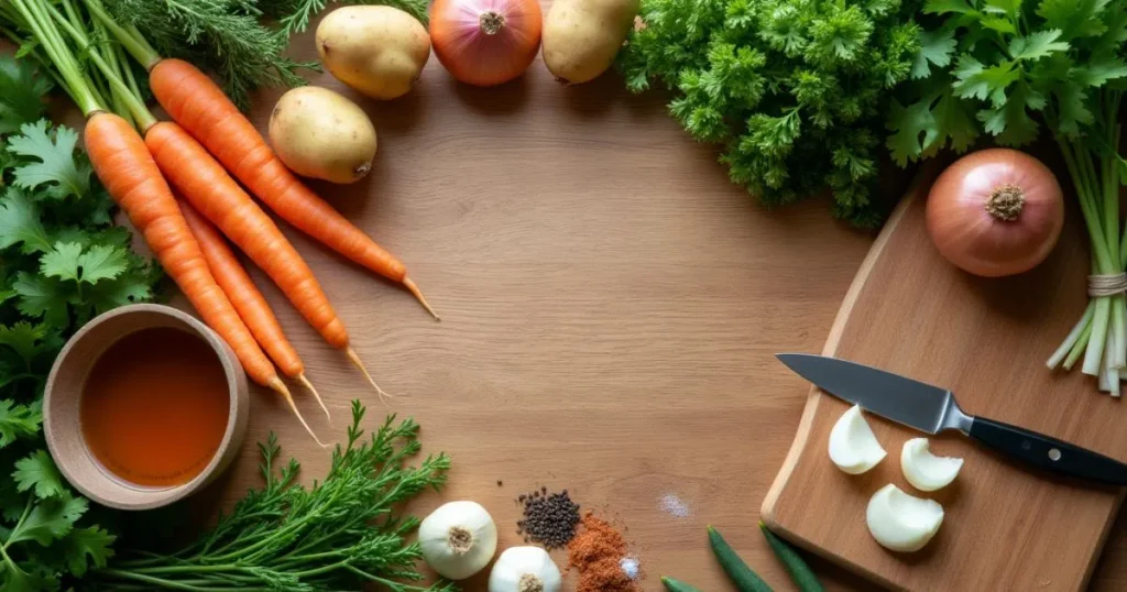 Fresh ingredients for Soup Village, including carrots, potatoes, garlic, herbs, and vegetable broth