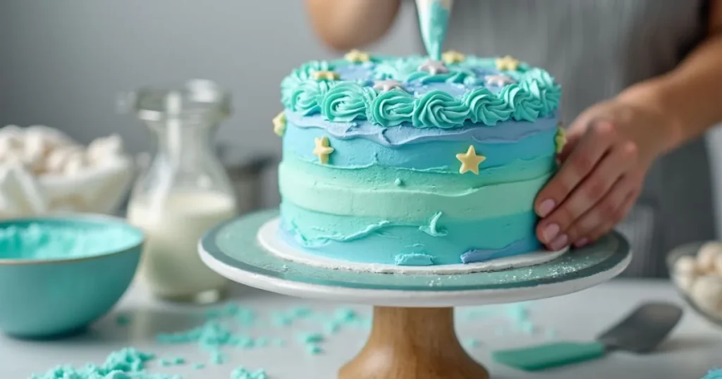 Step-by-step process of making a mermaid cake with pastel frosting and decorative edible pearls