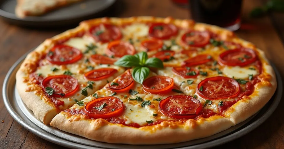 A freshly baked 14-inch pizza with a crispy crust and colorful toppings