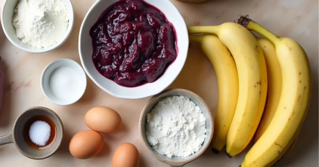  Ingredients for making ube pancakes: ube halaya, flour, coconut milk, eggs, and more.