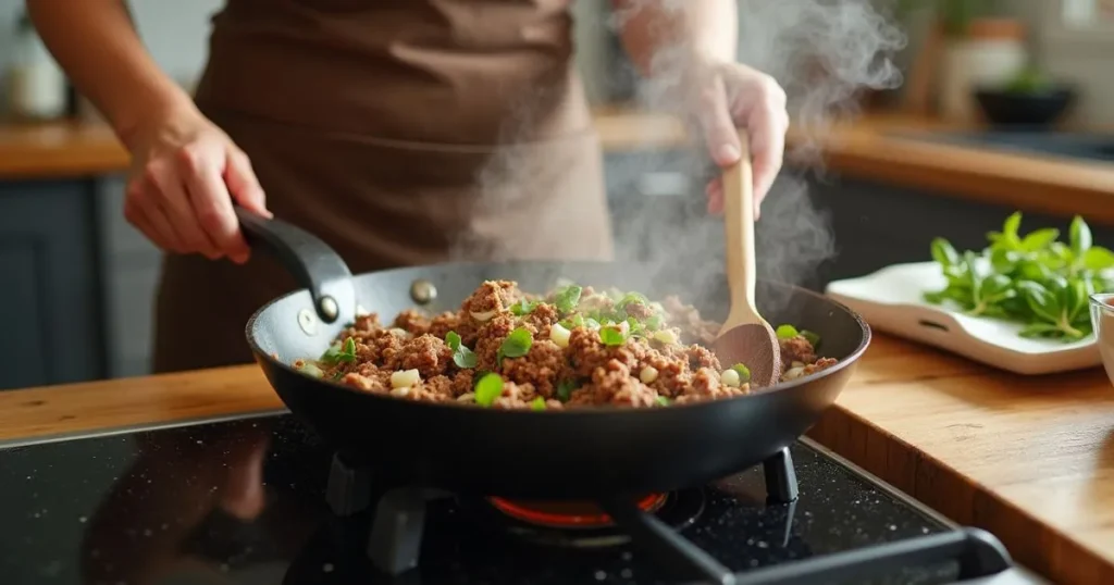 Cooking ground venison in a skillet with vegetables and herbs