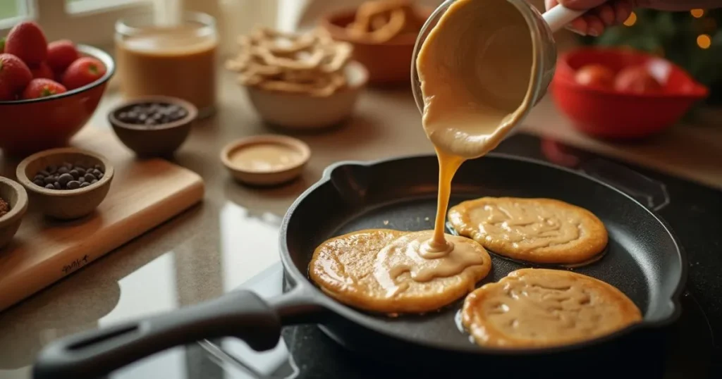 Step-by-step process of making reindeer pancakes with batter being poured into a skillet and ready to be flipped