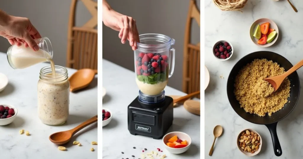 A step-by-step visual guide for making plant-based whole food breakfasts, showing hands pouring plant-based milk into a jar of overnight oats, blending a smoothie with berries and spinach, and stirring quinoa in a skillet, with toppings like fresh fruits, nuts, and seeds arranged nearby on a marble countertop