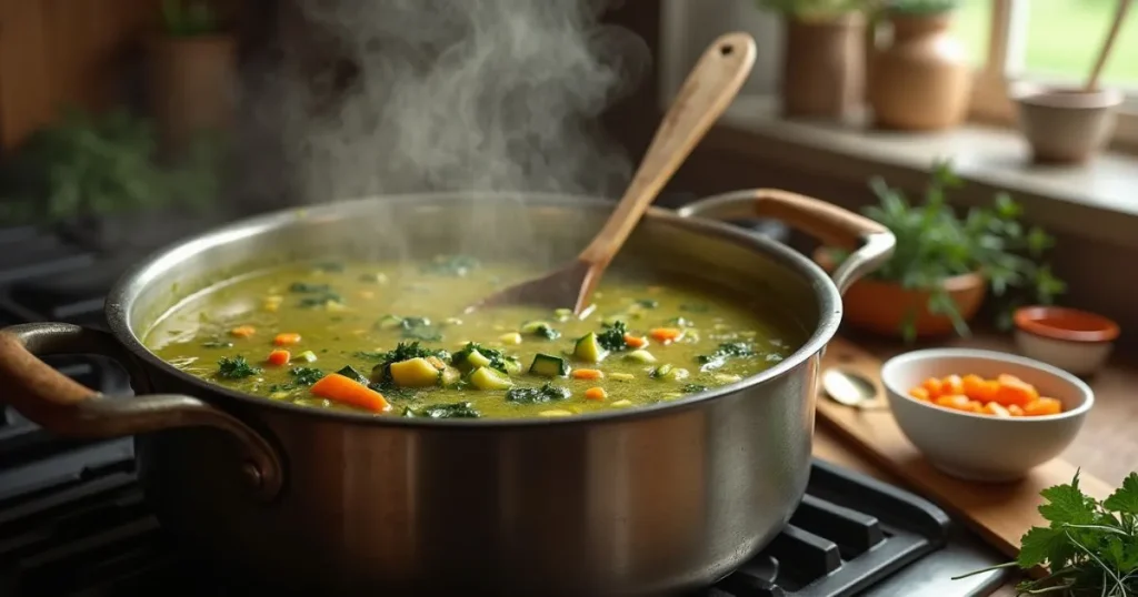 A large pot of swamp soup simmering on the stovetop, with fresh vegetables like zucchini, spinach, and carrots visible in the rich green broth