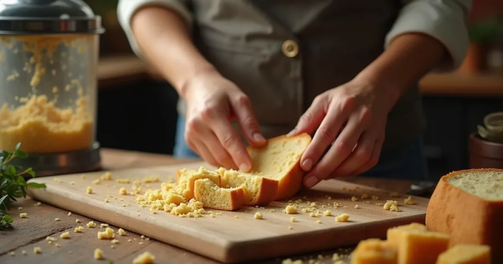 Hands tearing artisan bread into pieces to make fresh breadcrumbs on a wooden cutting board