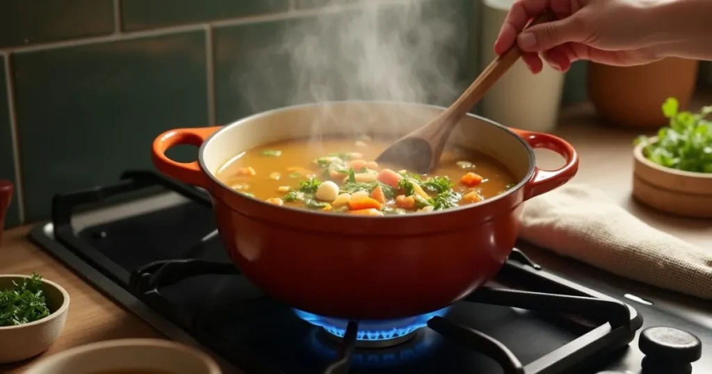 Step-by-step process of making Soup Village, with a pot simmering on the stovetop filled with vegetables and broth