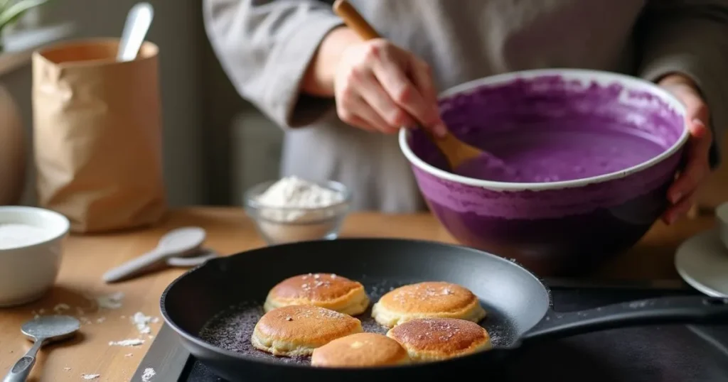 Person making ube pancakes, mixing purple batter in a bowl with a wooden spoon.