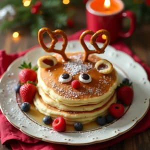 Adorable reindeer pancakes decorated with chocolate chips, a strawberry nose, and pretzel antlers, perfect for a holiday breakfast.