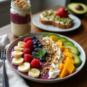 A vibrant and inviting spread of delicious plant-based whole food breakfast ideas, including a colorful smoothie bowl topped with fresh berries and granola, a jar of overnight oats layered with almond butter and mango, and a slice of avocado toast with pumpkin seeds, all arranged on a rustic wooden table with natural lighting.