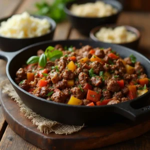 Easy ground venison dish served with vegetables and herbs