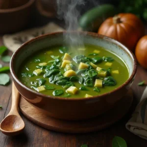 A steaming bowl of vibrant green swamp soup with fresh vegetables like spinach, zucchini, and carrots, garnished with herbs