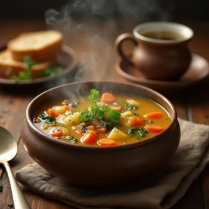 Bowl of Soup Village served with fresh herbs, a slice of bread, and a warm, cozy atmosphere