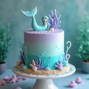 Mermaid cake decorated with shimmering ocean hues, edible pearls, and a fondant mermaid tail, showcasing a magical ocean-inspired design