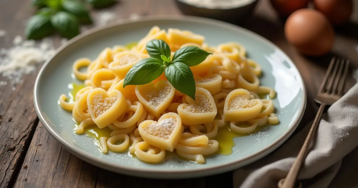 Heart-shaped pasta on a rustic wooden table with ingredients nearby