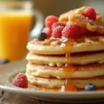 A stack of fluffy golden pancakes, part of sweet breakfast ideas, topped with fresh blueberries, strawberries, and a drizzle of maple syrup, served on a white plate with a side of assorted fruits and a steaming cup of coffee