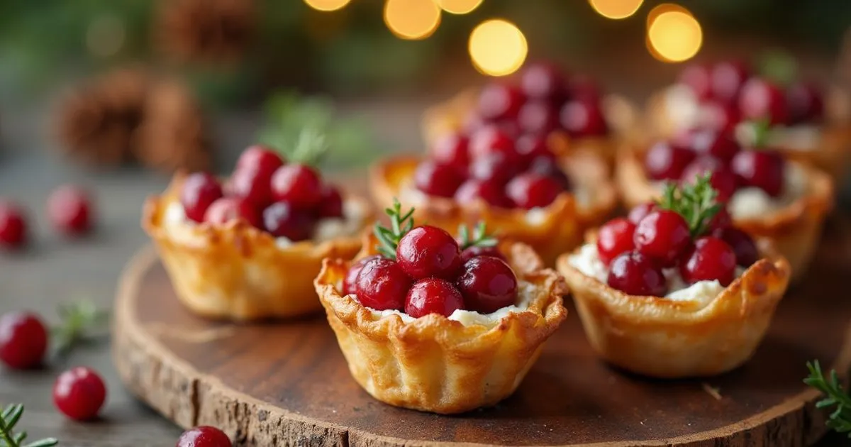 Cranberry cups with phyllo dough and goat cheese on a rustic wooden table, garnished with fresh cranberries and herbs