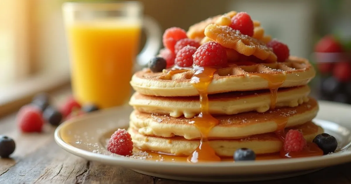 A stack of fluffy golden pancakes, part of sweet breakfast ideas, topped with fresh blueberries, strawberries, and a drizzle of maple syrup, served on a white plate with a side of assorted fruits and a steaming cup of coffee