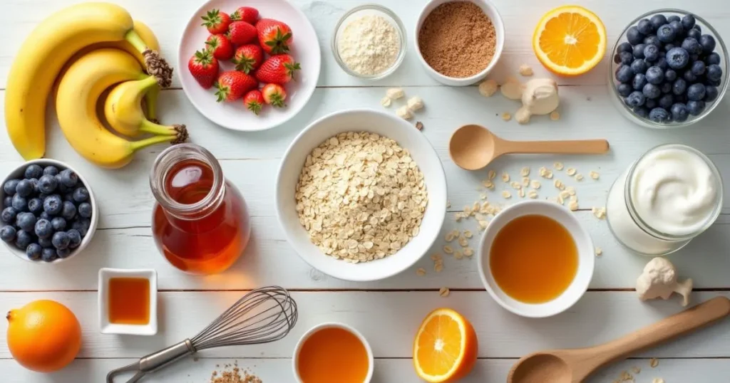 A vibrant flat-lay of ingredients for sweet breakfast recipes, including fresh strawberries, blueberries, bananas, a jar of honey, a bottle of maple syrup, a carton of eggs, a bowl of yogurt, and a bag of oats, arranged neatly on a rustic wooden table