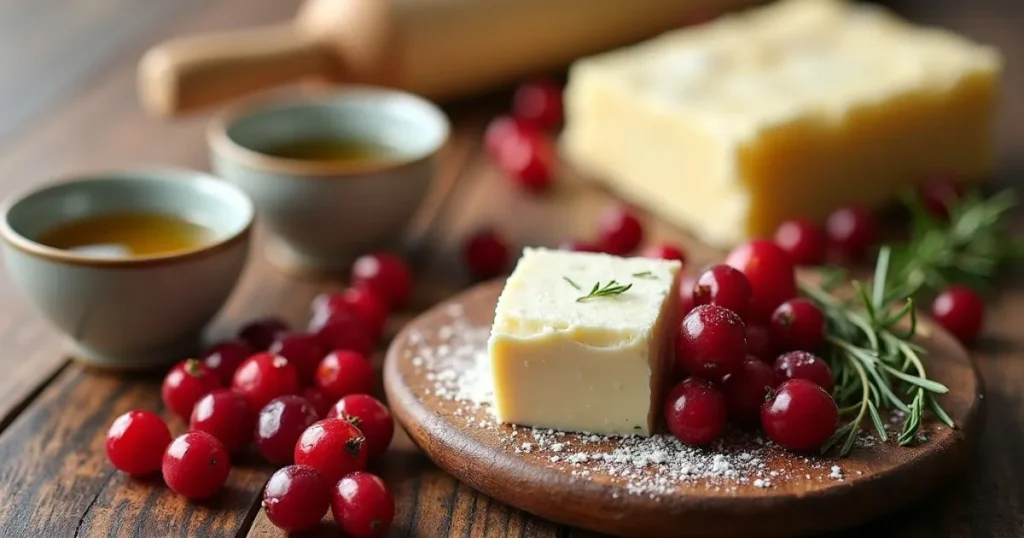 Ingredients for cranberry cups with phyllo dough and goat cheese including fresh cranberries, goat cheese, phyllo dough, olive oil, and herbs