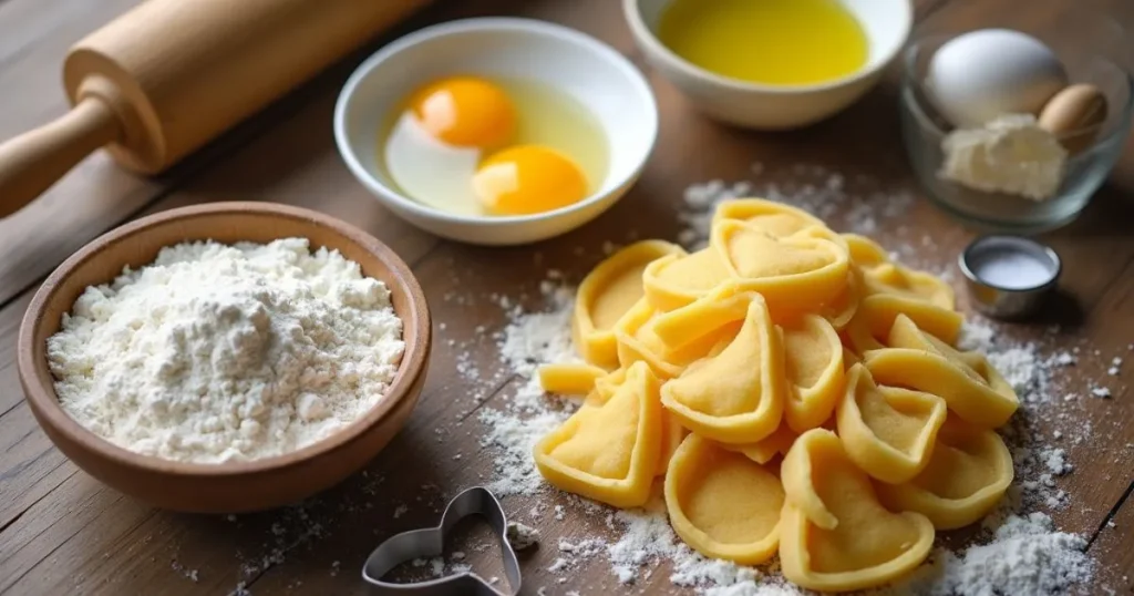 Ingredients for making heart-shaped pasta, including flour, eggs, and olive oil